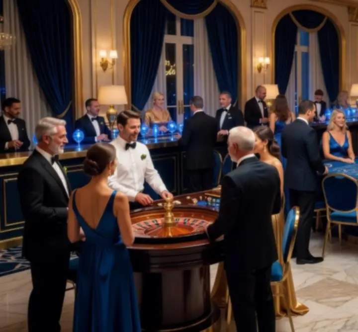 Wieczór tematyczny Casino Night z eleganckim oświetleniem i stołami do gier rekreacyjnych.