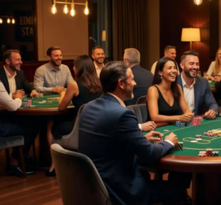 Goście bawiący się przy stoliku pokerowym podczas eventu