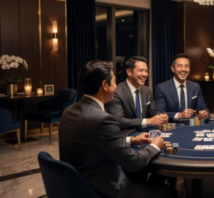 Goście biorą udział w eleganckim wieczorze pokerowym w formie atrakcji integracyjnej.